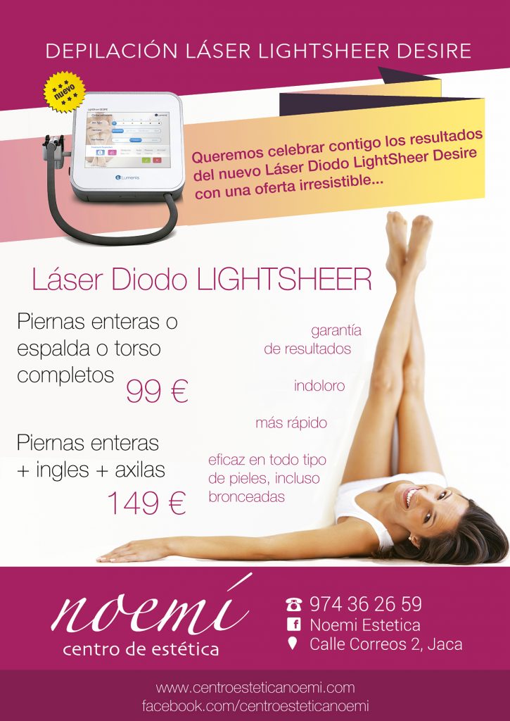 ¡¡Queremos celebrar contigo los resultados del nuevo Láser Diodo LightSheer Desire con una oferta irresistible!! Piernas enteras o torso o espalda completos: 99 € Piernas enteras + ingles+ axilas: 149 € Es eficaz en todo tipo de piel (incluso bronceada), indoloro, rápido y con garantía de resultados.